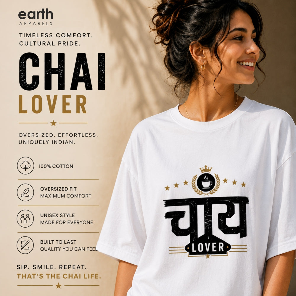A woman wearing a white short-sleeve graphic T-shirt with a black and gold 'Chai Lover' design, shown against a warm beige background with product feature callouts on the left. The shirt has a bold Hindi word 'Chai' in black with a gold crown and 'LOVER' in a black banner below.