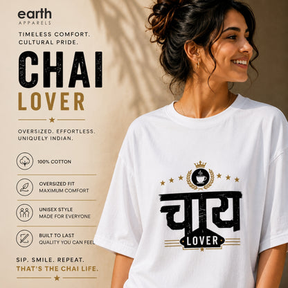 A woman wearing a white short-sleeve graphic T-shirt with a black and gold 'Chai Lover' design, shown against a warm beige background with product feature callouts on the left. The shirt has a bold Hindi word 'Chai' in black with a gold crown and 'LOVER' in a black banner below.