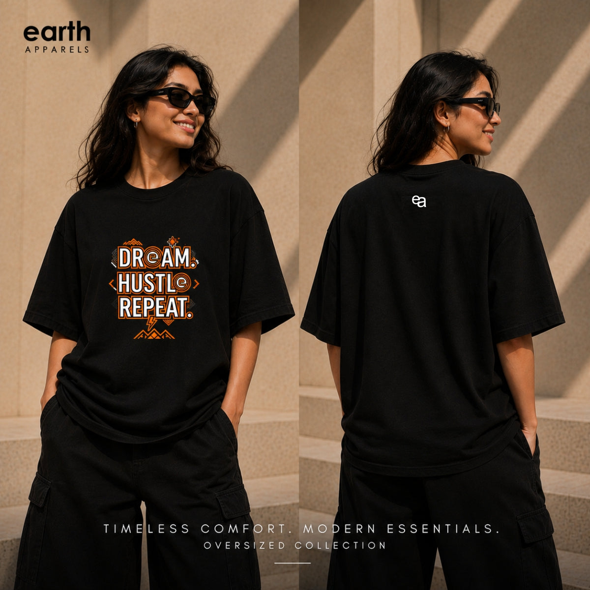 A woman modeling an oversized black T-shirt from the front and back in a sunlit architectural setting. The front shows the text 'DREAM.