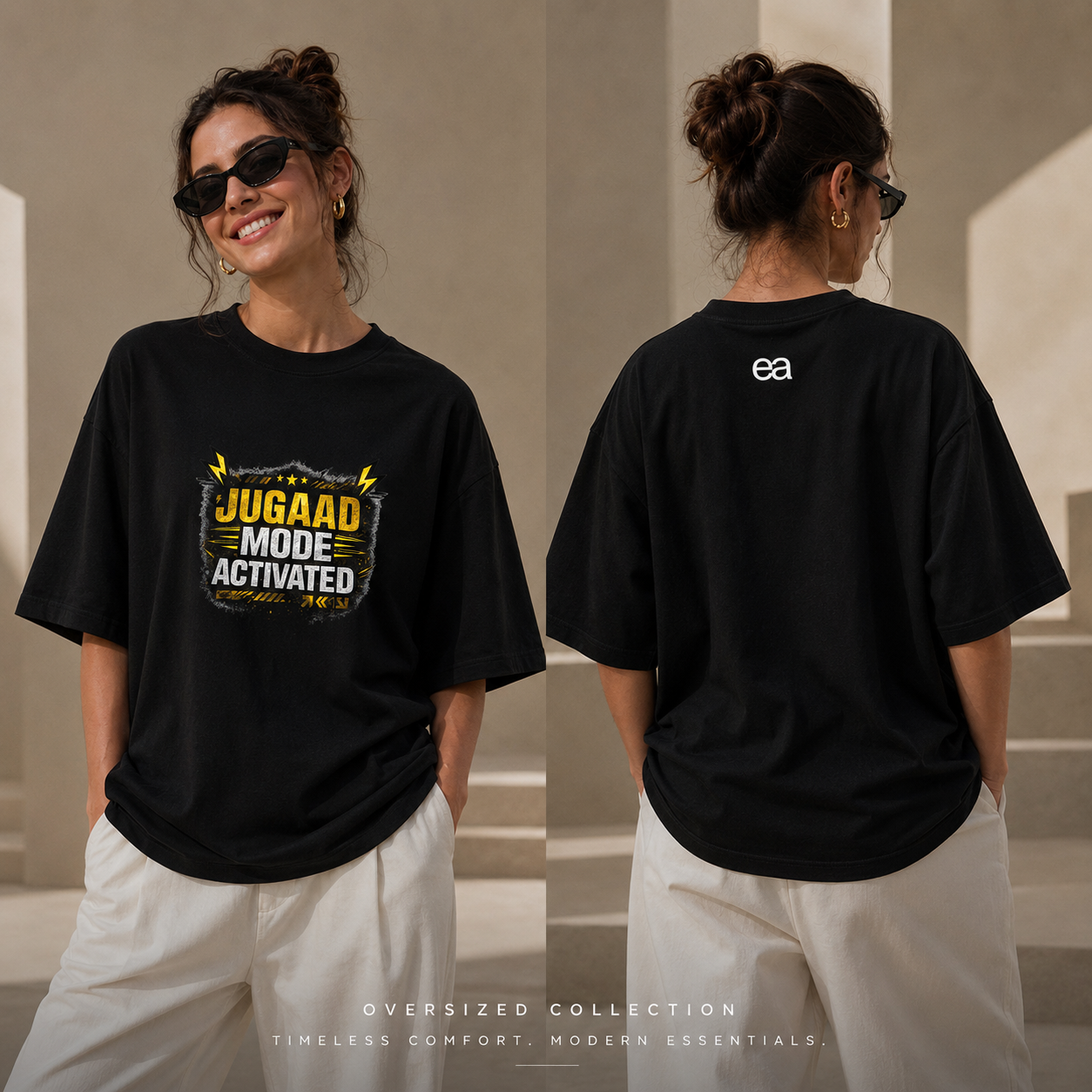A woman modeling an oversized black graphic T-shirt shown from both front and back. The front features a bold yellow, white, and gray graphic reading 'JUGAAD MODE ACTIVATED' with lightning accents.