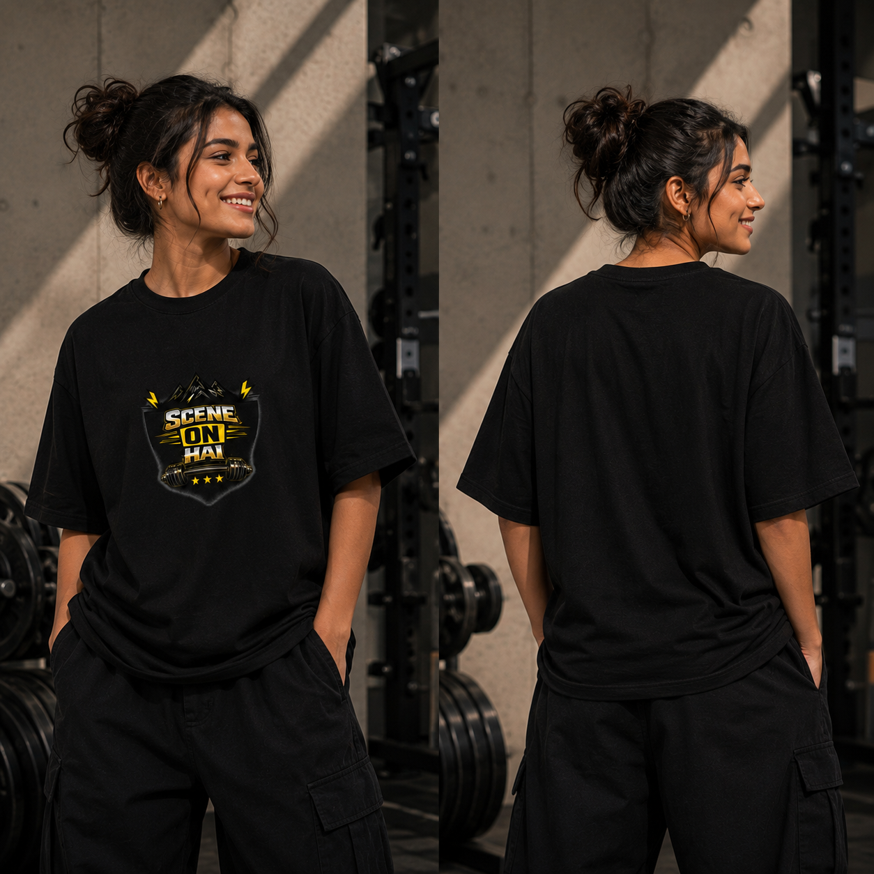 A woman modeling a black oversized T-shirt in a gym setting, shown from both the front and back. The front features a yellow and white graphic shield design with the text 'SCENE ON HAI'.